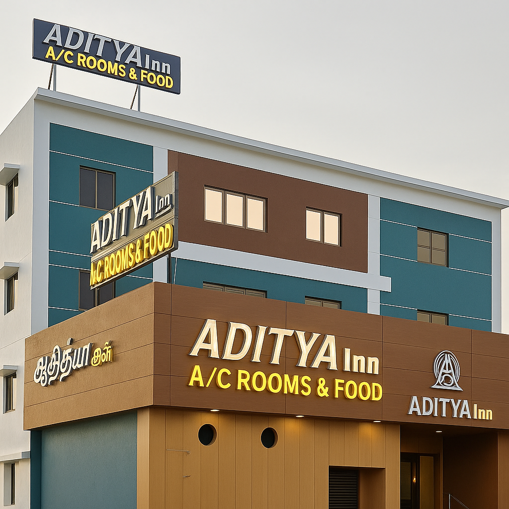 Aditya Inn hotel exterior from street view, modern facade with entrance.